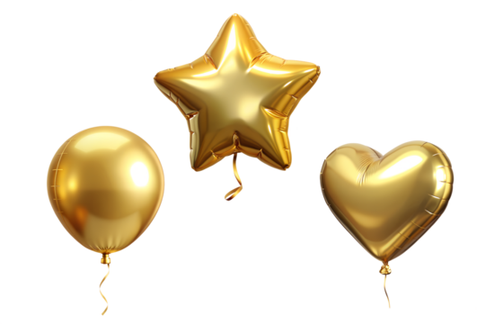 Foil gold 3d birthday metallic helium balloons of different shapes on transparent background. Heart, star and round ball shapes holidays and party decoration concept.