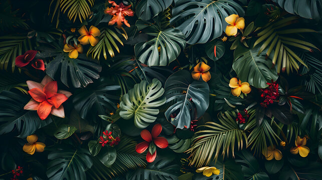 A dense jungle with exotic wildlife and vibrant tropical flowers