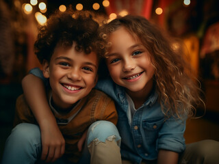 Children beam happily, lying side by side