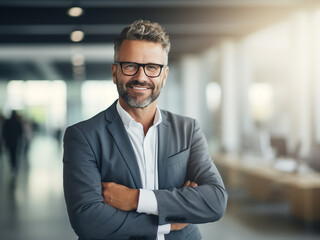 Fototapeta premium Content businessman stands confidently within office walls