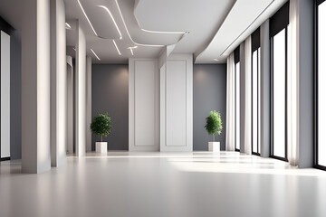 Fototapeta premium A large, empty room with a high ceiling and hardwood floors. Sunlight streams through numerous tall windows along one wall, casting bright squares of light on the floor. 
