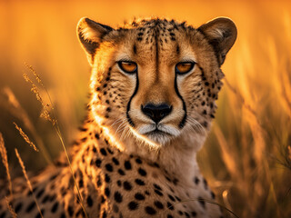 Cheetah's silhouette against sunset in Masai Mara's grasslands