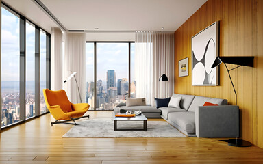 Illustration of a modern comfortably arranged living room, generated ai