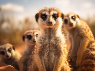 Meerkat clan African carnivores, suricata suricatta, in focus