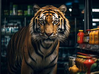 Grocery store encounter tiger locks eyes with camera