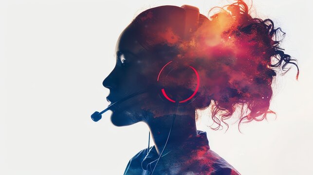 Floating headset on air, isolated on white background close up, focus on, copy space bright and vibrant colors Double exposure silhouette with virtual meeting