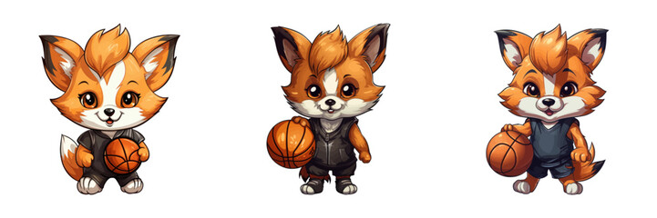 Set of three cute cartoon fox characters holding basketballs, ideal for sports and children's designs.