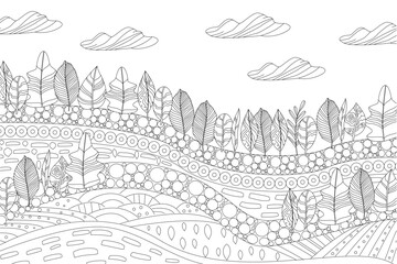 coloring book page for adults and children. cloudy rural landsca