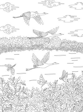coloring book page for adults and children. cloudy landscape wit