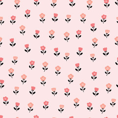 charming seamless pattern featuring scattered pink flowers on a light pink background. Perfect for fabrics, wallpapers, and other design projects.