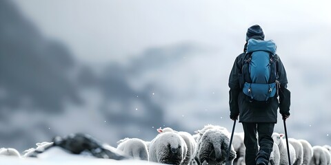 Religious Figure Leading a Flock of Sheep in a Pastoral Outdoor Setting. Concept Religious Figure, Flock of Sheep, Pastoral Setting, Outdoor Photography