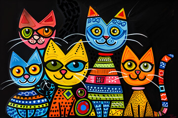 Colorful family of cats, art