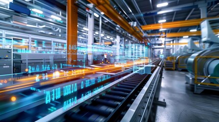 Fototapeta premium Smart factory with automated conveyor system and digital data overlay, representing Industry 4.0 technology advancements.