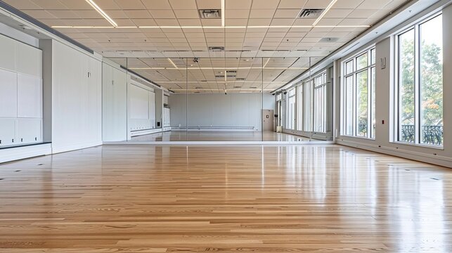 Spacious and modern empty dance studio with large windows, wooden floor, and natural light, perfect for a variety of dance styles.