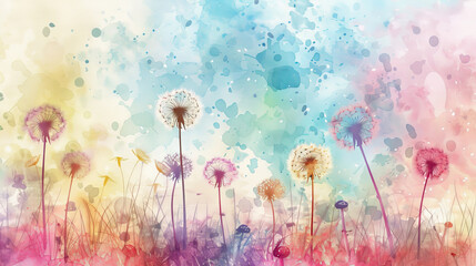 painting watercolor flower background illustration floral nature. dandelions flower background for greeting cards weddings or birthdays. Flowers on a dark background. Copy space. - Powered by Adobe