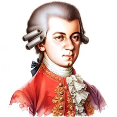 Watercolor portrait illustration of Wolfgang Amadeus Mozart on white background.