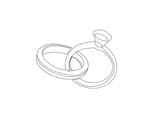 Continuous one line drawing of wedding ring. One line drawing illustration of ring for engagement. Romantic engagement concept continuous line art. Editable outline.