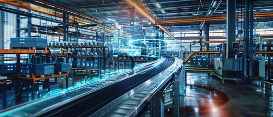 Obraz premium Modern automated conveyor system in a high-tech manufacturing facility with advanced machinery and robotics under bright lighting.