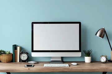 An image of an iMac with a blank screen on a desk, with a small wooden table beside it and some 