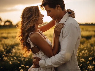Loving couple's outdoor summer embrace
