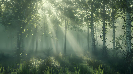 Fototapeta premium A misty forest with sunlight filtering through the trees