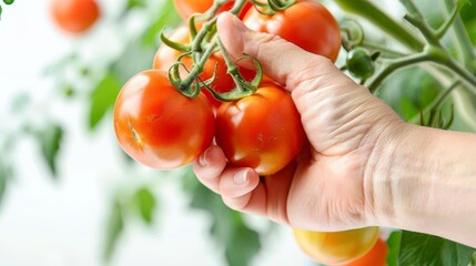 Hand holding ripe, fresh tomatoes on the vine in a garden, ready for harvest. Lush green leaves in the background, showcasing agricultural abundance.