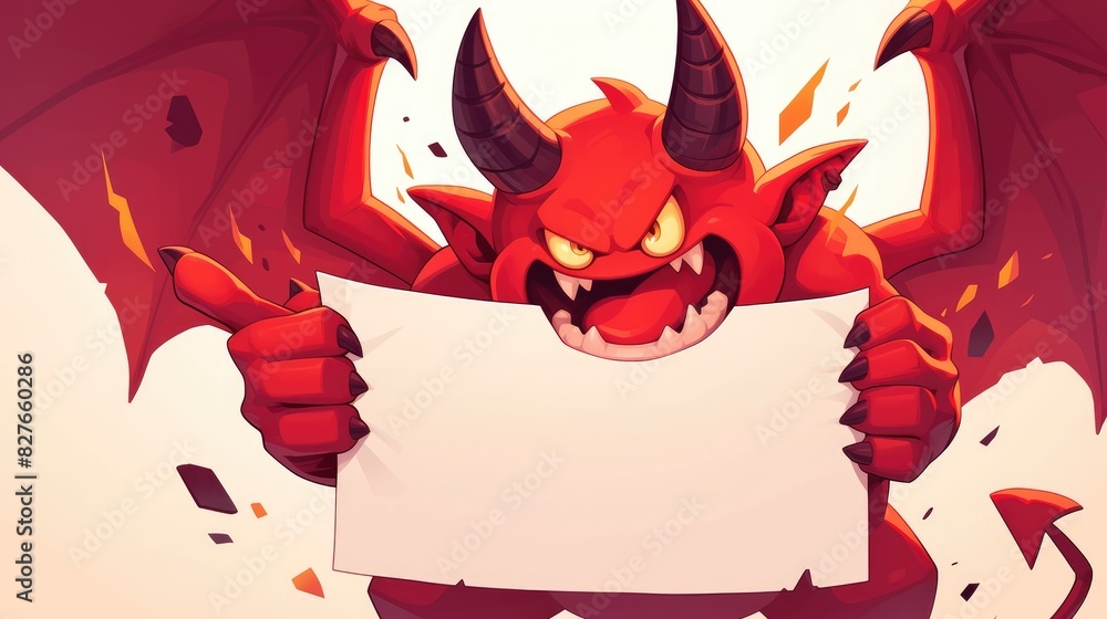 Wall mural A fiery red devil cartoon emoji character is energetically pointing its finger while holding up a blank sign in this dynamic 2d illustration set against a crisp white background