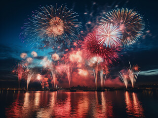 Fototapeta premium Vibrant fireworks paint a picture of joyous festivities in Thailand