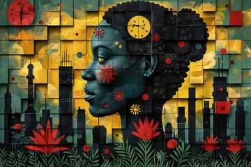 Mural depicting African American woman on cityscape backdrop. Creative illustration in black, green, red and yellow colors, flat style.