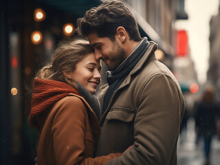 Fototapeta premium Romance fills the air as a content couple embraces on a bustling street