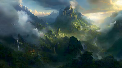 A mountainous terrain with a winding path leading to a hidden temple