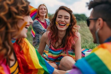 A supportive group of friends from the LGBTQ+ community gathering for a picnic in a grassy field, laughing and enjoying each other's company, with a backdrop of rainbow decorations and positive vibes,