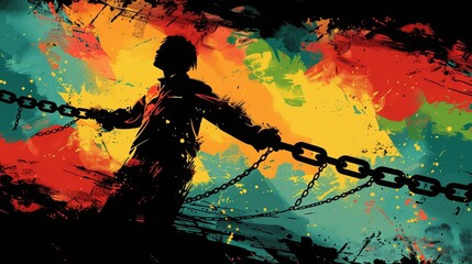 A silhouette breaking free from chains amidst black, green, red and yellow colors, symbolizing liberation, Juneteenth concept, creative illustration, flat style.