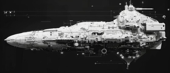 Fototapeta premium Futuristic starship design with advanced technology, black and white concept art, space mission, science fiction aesthetic.
