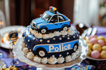 Police Car Birthday Cake with Whipped Cream Decoration
