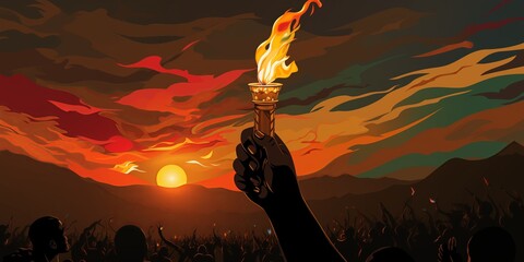 A hand holding burning torch representing the ongoing fight for equality on Juneteenth, flat style illustration.