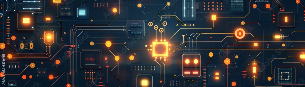 Poster abstract digital circuit board with glowing lights and complex electronic components, representing m
