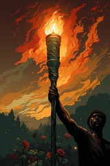 An African American man holding burning torch, representing the ongoing fight for equality on Juneteenth. Black, green, red and yellow colors, creative illustration, flat style.