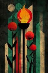 Burning torch representing the ongoing fight for equality on Juneteenth. Black, green, red and yellow colors, creative illustration, flat style.