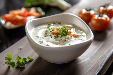 Close-Up of Ranch Dressing Garnished with Herbs and Vegetables