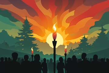 Dark human silhouettes holding burning torches, representing the ongoing fight for equality on Juneteenth. Black, green, red and yellow colors, creative illustration, flat style.