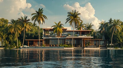 Naklejka premium A waterfront house with a private beach and palm trees