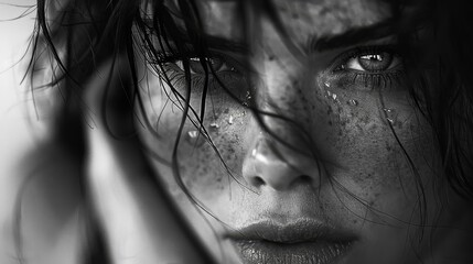 Fototapeta premium A woman with a puffy face and dark hair