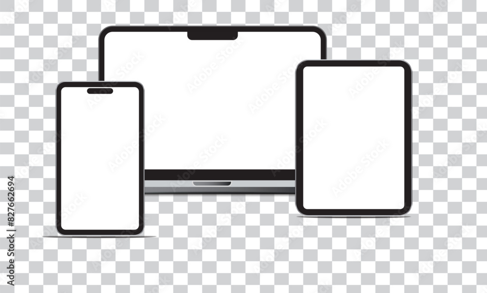 Poster modern laptop mockup front view and high quality smartphone and tablet mockup isolated on white back