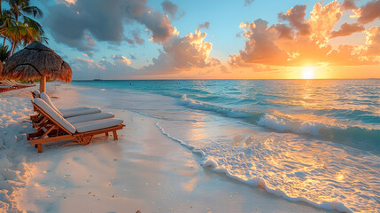 sunset on the beach, Amazing beach Couple chairs on the sandy beach sea sky Luxury summer holiday and vacation resort