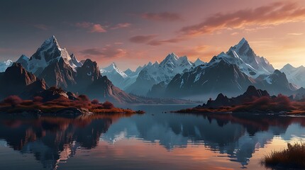 mountain lake with snow-capped peaks in the distance