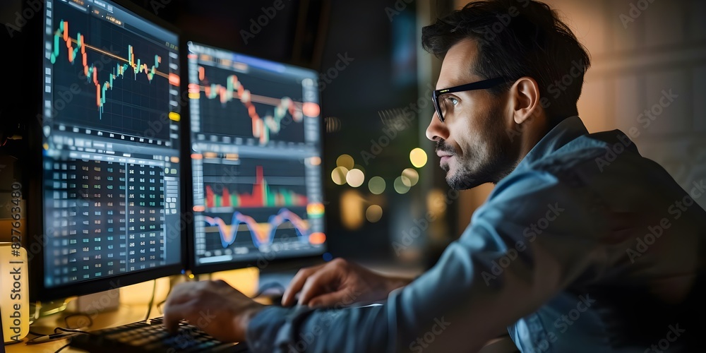 Poster man trading stocks on computer with graph patterns on monitor screen. concept stock market, trading 