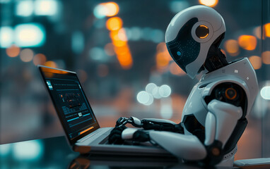 robot is typing on a computer
