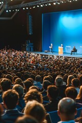 Large audience attending a conference with speakers on a stage with blue background, suitable for business and educational themes.