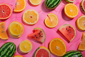 An artistic arrangement of tropical fruit slices, including oranges, lemons, and watermelons, set against a vivid pink background, with their vibrant colors and geometric shapes creating an engaging